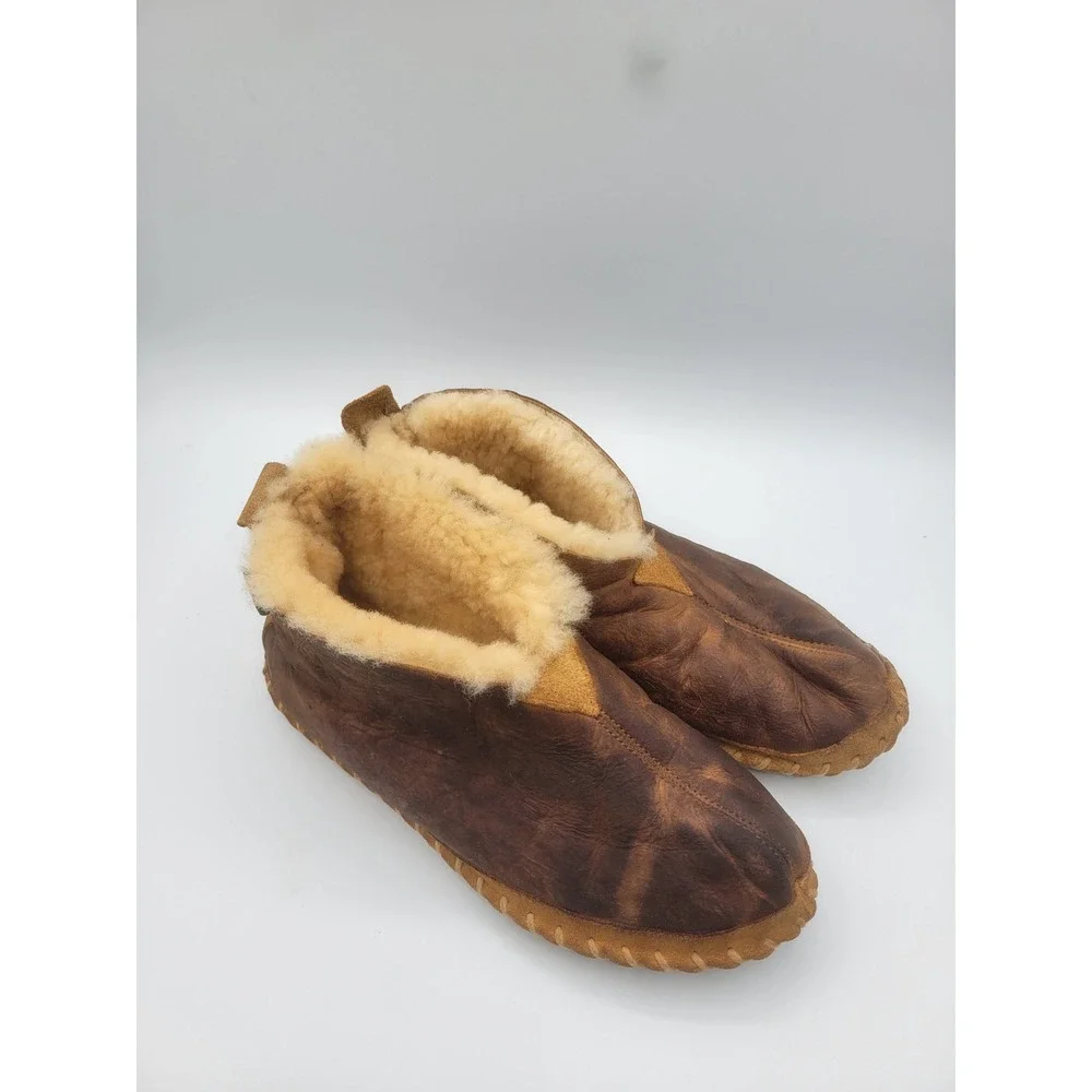 LL Bean Wicked Good Shearling Moccasin Slippers Brown Leather Mens 8 M